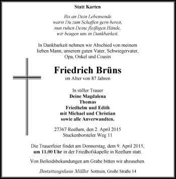 Traueranzeige von Friedrich Brüns von KRZ