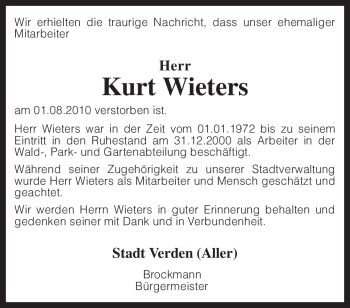 Traueranzeige von Kurt Wieters von KREISZEITUNG SYKE