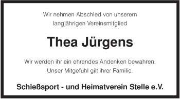 Traueranzeige von Thea Jürgens von KREISZEITUNG SYKE