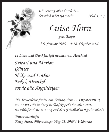 Traueranzeige von Luise Horn von KREISZEITUNG SYKE