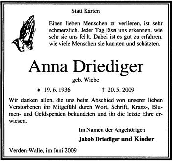 Traueranzeige von Anna Driediger von KREISZEITUNG SYKE