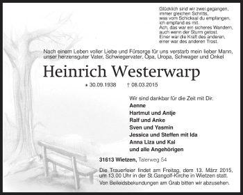 Traueranzeige von Heinrich Westerwarp von KRZ