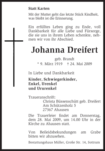 Traueranzeige von Johanna Dreifert von KREISZEITUNG SYKE