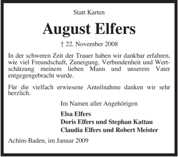 Traueranzeige von August Elfers von KREISZEITUNG SYKE
