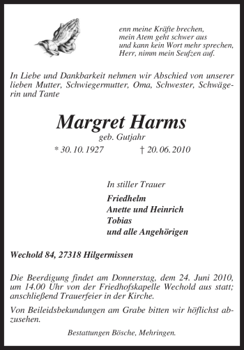 Traueranzeige von Margret Harms von KREISZEITUNG SYKE