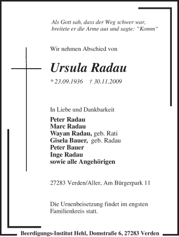 Traueranzeige von Ursula Radau von KREISZEITUNG SYKE