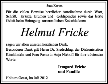 Traueranzeige von Helmut Fricke von KREISZEITUNG SYKE