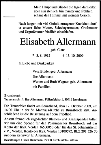 Traueranzeige von Elisabeth Allermann von KREISZEITUNG SYKE