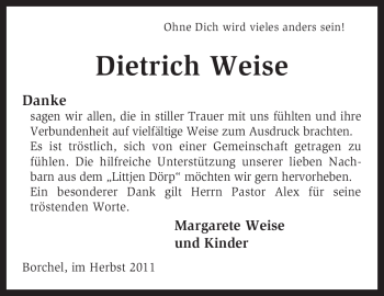 Traueranzeige von Dietrich Weise von KREISZEITUNG SYKE