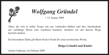 Traueranzeige von Wolfgang Gründel von KREISZEITUNG SYKE