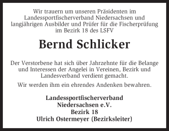 Traueranzeige von Bernd Schlicker von KREISZEITUNG SYKE