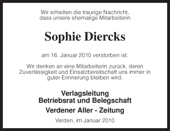 Traueranzeige von Sophie Diercks von KREISZEITUNG SYKE