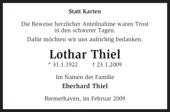 Traueranzeige von Lothar Thiel von KREISZEITUNG SYKE