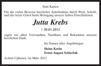 Traueranzeige von Jutta Krebs von KREISZEITUNG SYKE