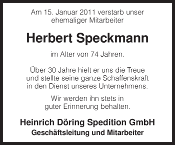 Traueranzeige von Herbert Speckmann von KREISZEITUNG SYKE