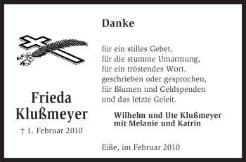 Traueranzeige von Frieda Klußmeyer von KREISZEITUNG SYKE