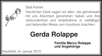 Traueranzeige von Gerda Rolappe von KREISZEITUNG SYKE