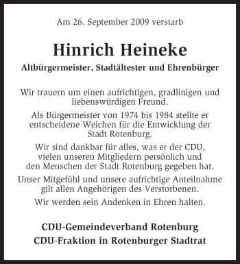Traueranzeige von Hinrich Heineke von KREISZEITUNG SYKE