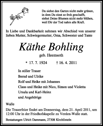 Traueranzeige von Käthe Bohling von KREISZEITUNG SYKE