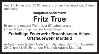 Traueranzeige von Fritz True von KREISZEITUNG SYKE