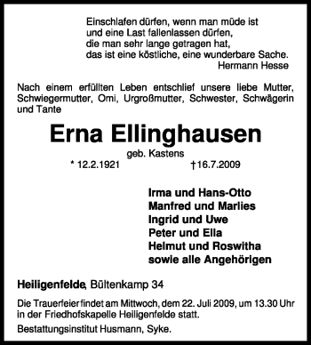 Traueranzeige von Erna Ellinghausen von KREISZEITUNG SYKE