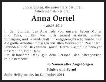 Traueranzeige von Anna Oertel von KREISZEITUNG SYKE