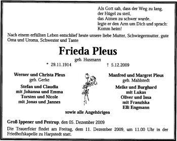 Traueranzeige von Frieda Pleus von KREISZEITUNG SYKE