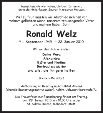 Traueranzeige von Ronald Welz von KREISZEITUNG SYKE