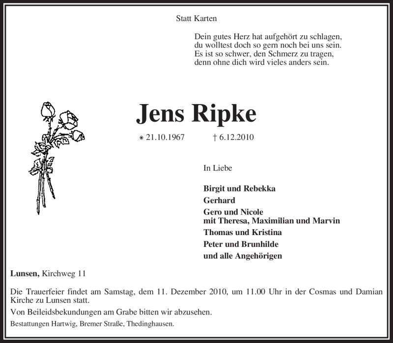  Traueranzeige für Jens Ripke vom 09.12.2010 aus KREISZEITUNG SYKE