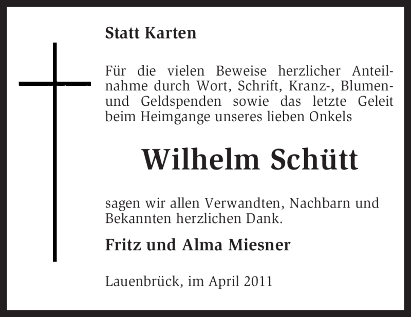  Traueranzeige für Wilhelm Schütt vom 23.04.2011 aus KREISZEITUNG SYKE
