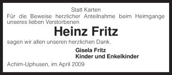 Traueranzeige von Heinz Fritz von KREISZEITUNG SYKE