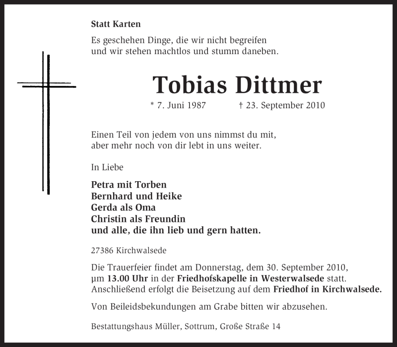  Traueranzeige für Tobias Dittmer vom 25.09.2010 aus KREISZEITUNG SYKE