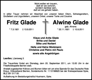 Traueranzeige von Alwinw Glade von KREISZEITUNG SYKE