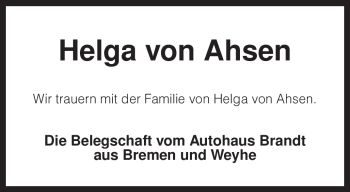 Traueranzeige von Helga von Ahsen von KREISZEITUNG SYKE