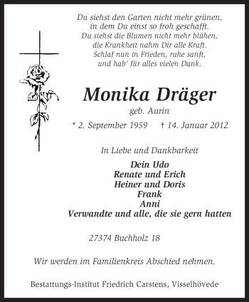 Traueranzeige von Monika Dräger von KREISZEITUNG SYKE