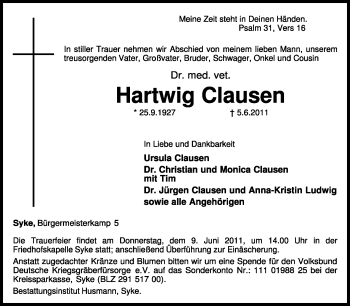 Traueranzeige von Hartwig Clausen von KREISZEITUNG SYKE