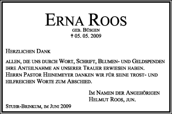 Traueranzeige von Erna Roos von KREISZEITUNG SYKE