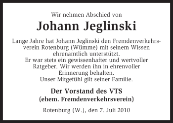 Traueranzeige von Johann Jeglinski von KREISZEITUNG SYKE