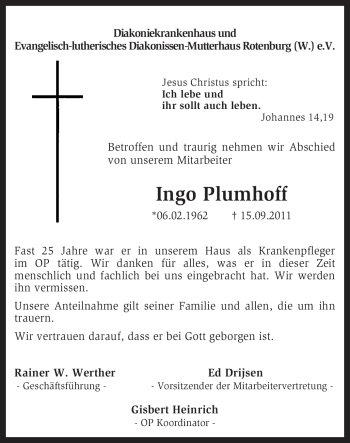 Traueranzeige von Ingo Plumhoff von KREISZEITUNG SYKE