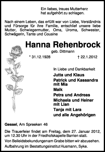 Traueranzeige von Hanna Rehenbrock von KREISZEITUNG SYKE