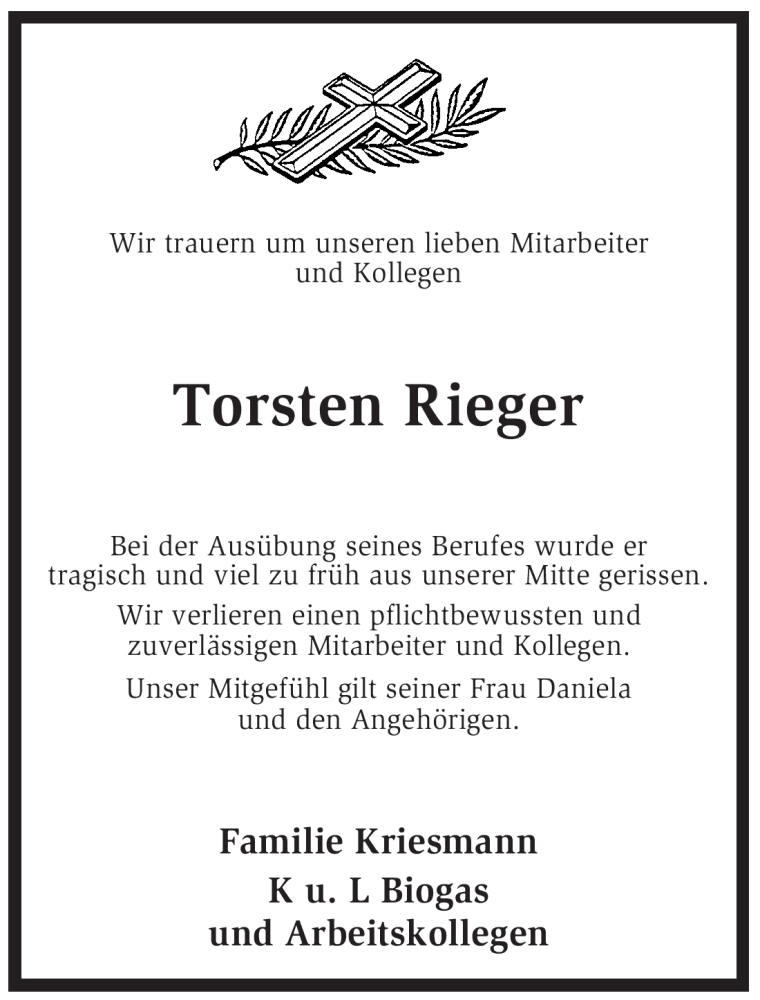  Traueranzeige für Torsten Rieger vom 30.05.2012 aus KREISZEITUNG SYKE