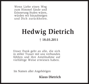 Traueranzeige von Hedwig Dietrich von KREISZEITUNG SYKE