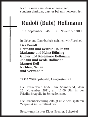 Traueranzeige von Rudolf Hollmann von KREISZEITUNG SYKE