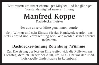 Traueranzeige von Manfred Koppe von KREISZEITUNG SYKE