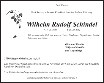 Traueranzeige von Wilhelm Rudolf Schindel von KREISZEITUNG SYKE