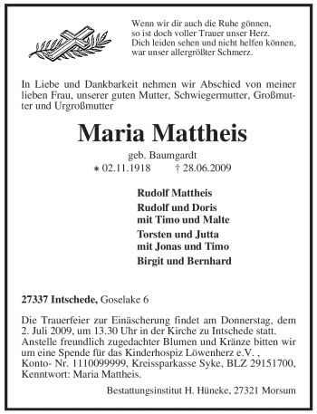 Traueranzeige von Maria Mattheis von KREISZEITUNG SYKE