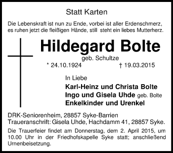 Traueranzeige von Hildegard Bolte von KRZ