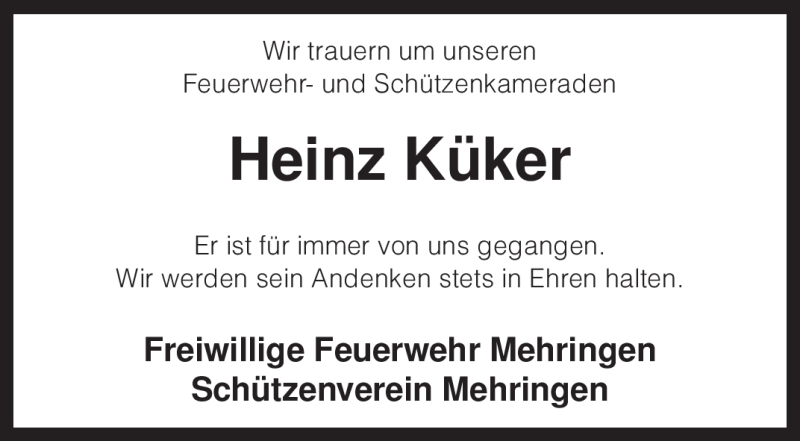  Traueranzeige für Heinz Küker vom 30.06.2009 aus KREISZEITUNG SYKE