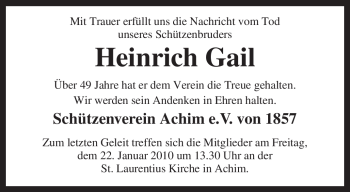 Traueranzeige von Heinrich Gail von KREISZEITUNG SYKE