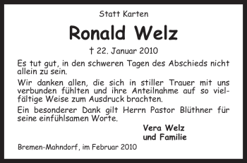 Traueranzeige von Ronald Welz von KREISZEITUNG SYKE